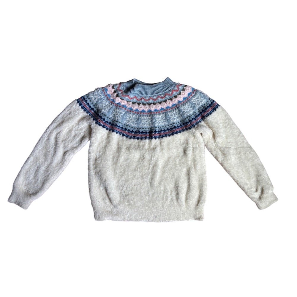 Hanna Andersson Girls Fair Isle Fuzzy Knit Sweater US 10 White Blue Pink Winter